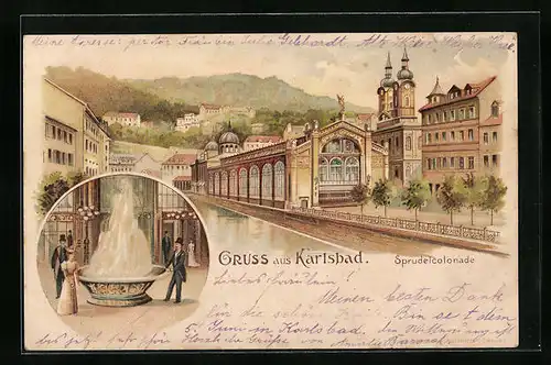 Lithographie Karlsbad, Sprudelcolonade mit Besuchern