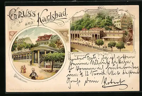 Lithographie Karlsbad, Schlossbrunnen, Felsenquelle