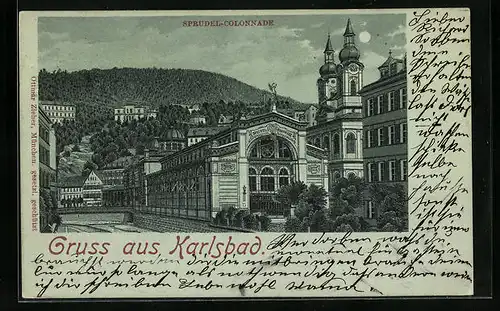 Mondschein-Lithographie Karlsbad, Sprudel-Colonnade mit Strassenpartie