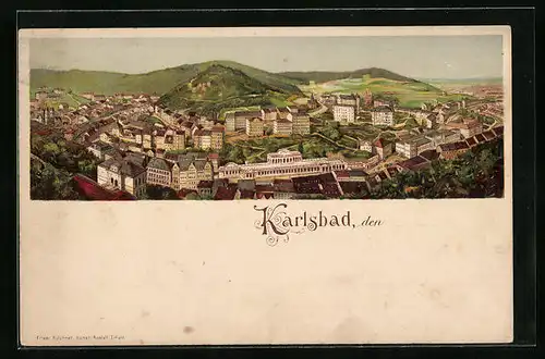 Lithographie Karlsbad, Ortsansicht aus der Vogelschau