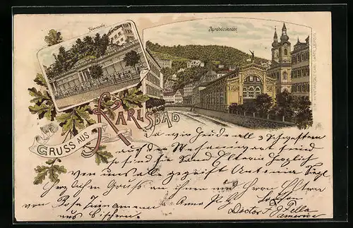 Lithographie Karlsbad, Sprudelcolonade und Felsenquelle