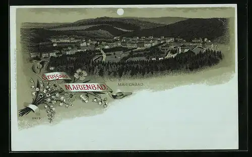 Mondschein-Lithographie Marienbad, Ortsansicht aus der Vogelschau