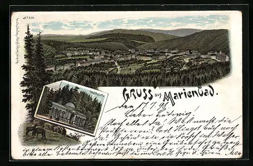 Lithographie Marienbad, Ortsansicht aus der Vogelschau, Waldquelle