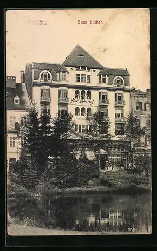 AK Karlsbad, Haus Lucker mit Wasserpartie