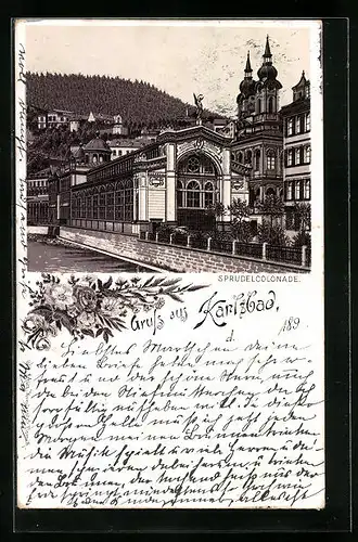 Lithographie Karlsbad, Sprudelcolonade mit Wasserpartie