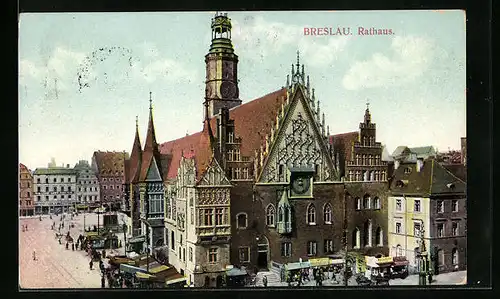 AK Breslau, Rathaus mit Markt aus der Vogelschau