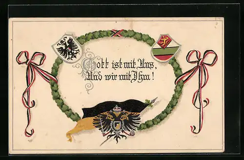 AK Österreichische Fahne und Wappen mit Spruch Gott ist mit uns und wir sind mit Ihm!