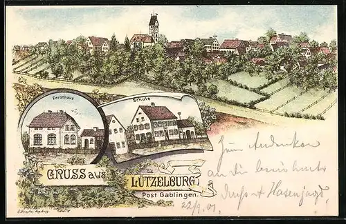 Lithographie Lützelburg / Gablingen, Totalansicht, Forsthaus und Schule