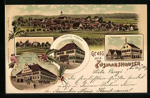 Lithographie Zusmarshausen, Totalansicht, Gasthaus zur Post, Handlung A. Gossner, Rathaus