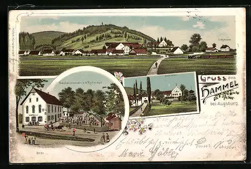 Lithographie Hammel bei Augsurg, Totalansicht mit Sägmühle, Gasthaus v. A. Reitmayr, Schloss