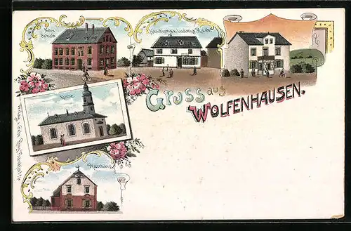 Lithographie Wolfenhausen, Neue Schule, Handlung v. Ludwig Raab, Kirche, Pfarrhaus