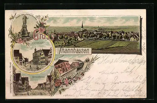 Lithographie Thannhausen, Christof von Schmid Denkmal, Totalansicht, Rathaus, Bahnhofstrasse