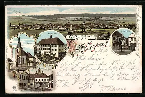 Lithographie Burgebrach, Kirche, Amtsgericht, Rathaus, Markensäule