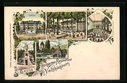 Lithographie Veitshöchheim, Schloss, Restaurant, Orpheus, Grosser See mit Pegasus und Wasserturm