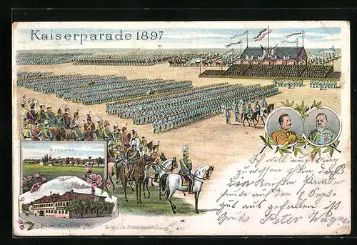 Lithographie Biebelried, Kaiserparade 1897, Brauerei Bg. Leicht