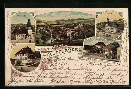Lithographie Kupferberg, Pfarrkirche und -haus, Hospital, Schulhaus, Totalansicht