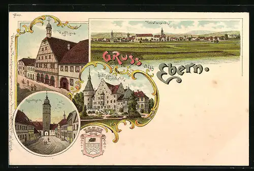 Lithographie Ebern, Rathaus, Strassenpartie am Grauturm, Schloss Eyrichshof, Totalansicht