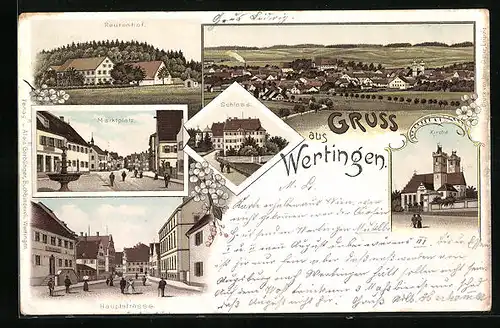 Lithographie Wertingen, Reutenhof, Marktplatz, Hauptstrasse, Schloss, Kirche