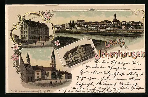 Lithographie Ichenhausen, Schule, Kirche mit Rathaus, Krankenhaus, Totalansicht
