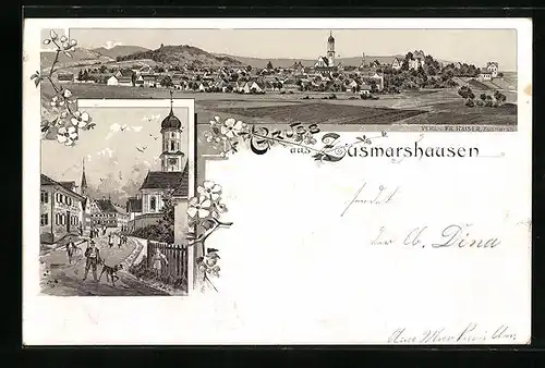 Lithographie Zusmarshausen, Strassenpartie mit Kirche, Totalansicht