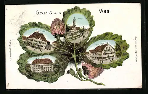 Passepartout-Lithographie Waal, Gasthaus zur Krone, Marktplatz, Gasthof zur Post, Schloss, Kleeblatt