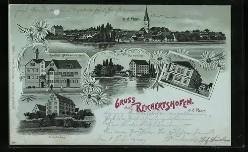 Mondschein-Lithographie Reichertshofen a. d. Paar, Gasthof Müllerbräu, Schulhaus, Kunstmühle, K. Post, Totalansicht