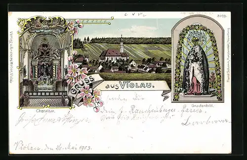 Lithographie Violau, Ortsansicht mit Kirche, Gnadenbild und Choraltar