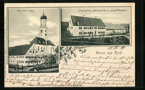 AK Ried, Pfarrkirche mit Gasthaus und Brauerei von Josef Fischer