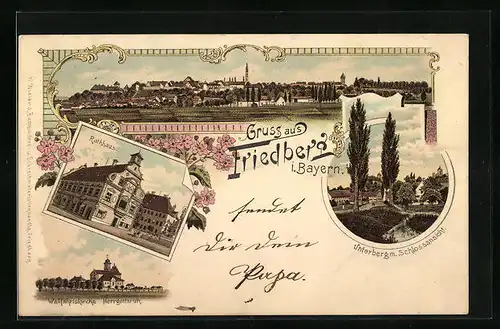 Lithographie Friedberg i. Bayern, Totalansicht mit Rathaus und Wallfahrtskirche Herrgottsruh