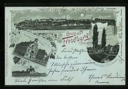 Mondschein-Lithographie Friedberg i. Bayern, Totalansicht mit Schlossansicht, Rathaus und Wallfahrtskirche