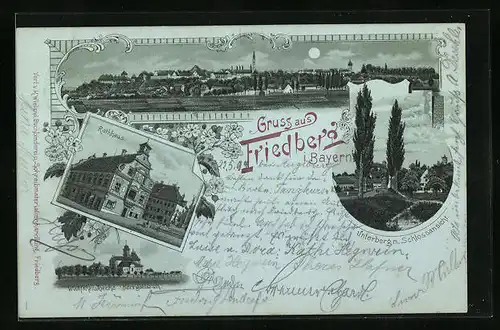 Mondschein-Lithographie Friedberg i. Bayern, Totalansicht mit Schlossansicht, Rathaus und Wallfahrtskirche