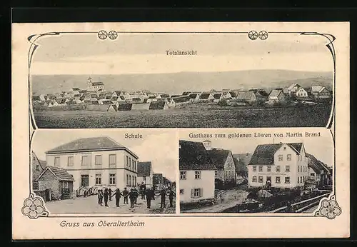 AK Oberaltertheim, Totalansicht mit Schule und Gasthaus zum goldenen Löwen von Martin Brand