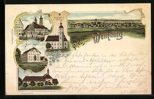 Lithographie Wemding, Totalansicht mit Wallfahrtskirche und Kapuziner-Kirche