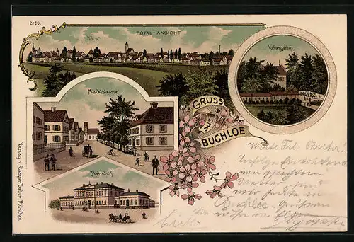 Lithographie Buchloe, Totalansicht mit Bahnhof, Kellergarten und Marktstrasse