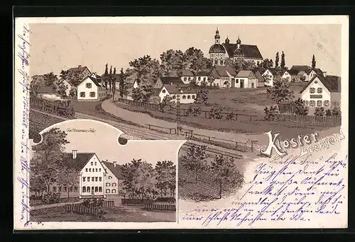 Lithographie Lechfeld, Ortsansicht mit Gasthaus zur Post und Kloster