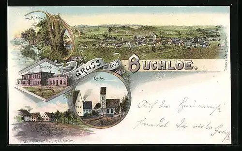 Lithographie Buchloe, Totalansicht mit Bahnhof, Kirche und Mühlbach