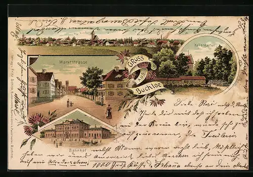 Lithographie Buchloe, Ortsansicht mit Marktstrasse, Kellergarten und Bahnhof