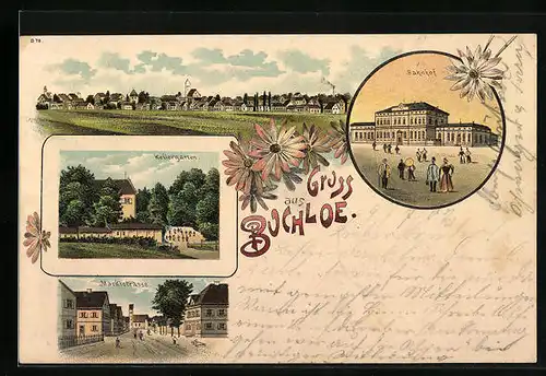 Lithographie Buchloe, Totalansicht mit Marktstrasse, Kellergarten und Bahnhof
