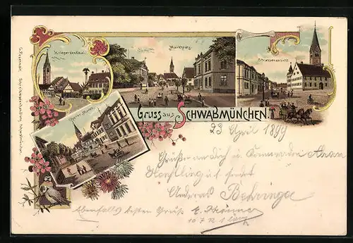 Lithographie Schwabmünchen, Krieger-Denkmal, Oberer Markt, Marktplatz, Strassenpartie