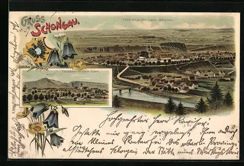 Lithographie Schongau, Totalansicht nach Westen und Osten