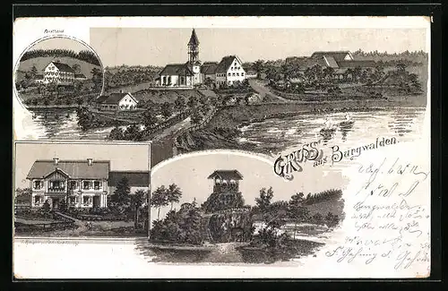 Lithographie Burgwalden, Forsthaus, Teilansicht mit Kirche, Haus