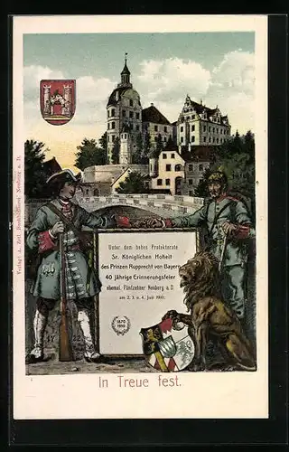AK Neuburg a. D., 40 jährige Erinnerungsfeier ehemal. Fünfzehner 2.-4.7.1910, Soldaten in Uniform vorm Schloss
