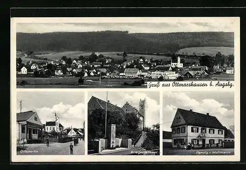 AK Ottmarshausen b. Augsburg, Handlung Wollmann, Kriegerdenkmal, Ortspartie