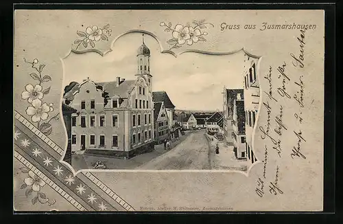 AK Zusmarshausen, Strassenpartie mit Gebäudeansicht im Passepartoutrahmen