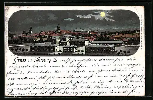 Lithographie Neuburg a. D., Teilansicht bei Mondschein