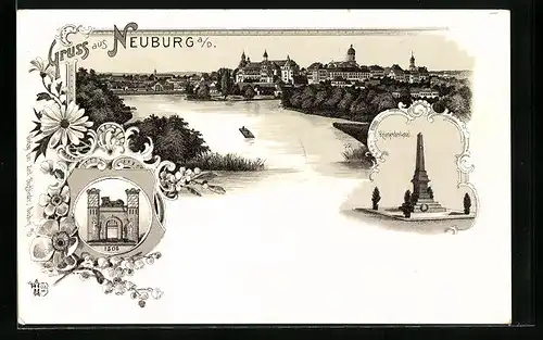 Lithographie Neuburg a. D., Teilansicht, Kriegerdenkmal, Wappen