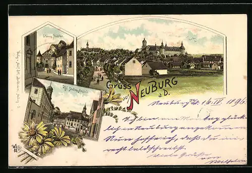 Lithographie Neuburg a. D., Schloss mit Strassenpartie, Oberes Stadttor, Königliche Studien-Anstalt