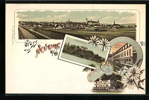 Lithographie Neuburg a. D., Arcoschlösschen, Städt. Realschul-Pensionat, Königliche Realschule