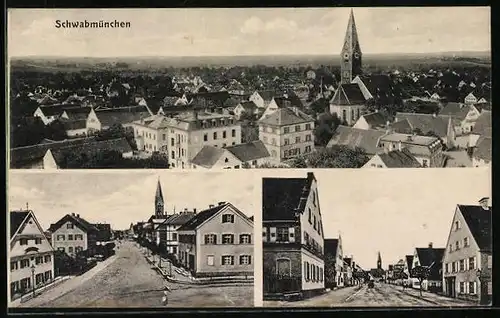 AK Schwabmünchen, Teilansicht, Strassenpartien mit Kirche