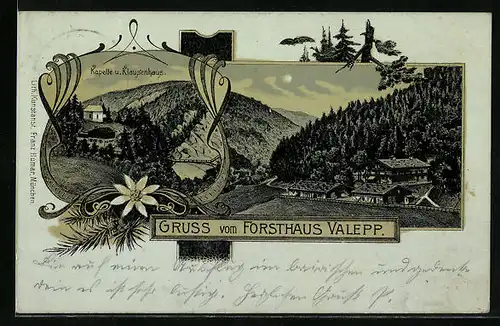 Mondschein-Lithographie Schliersee, Kapelle und Klausenhaus, Forsthaus Valepp